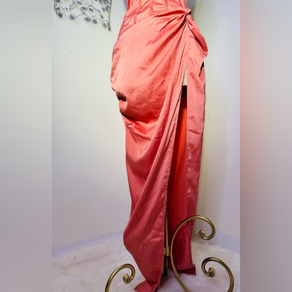 Coral Draped Corset Ruffle Gathered Dress - Picture 7 of 13